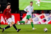 17 November 2023; Odin Thiago Holm of Norway in action against Matt Healy of Republic of Ireland during the UEFA European Under-21 Championship Qualifier match between Norway and Republic of Ireland at Marienlyst Stadion in Drammen, Norway. Photo by Marius Simensen/Sportsfile