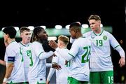 17 November 2023; Republic of Ireland players celebrates their side's first goal during the UEFA European Under-21 Championship Qualifier match between Norway and Republic of Ireland at Marienlyst Stadion in Drammen, Norway. Photo by Marius Simensen/Sportsfile