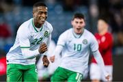 17 November 2023; Aidomo Emakhu of Republic of Ireland celebrates after scoring his side's first goal during the UEFA European Under-21 Championship Qualifier match between Norway and Republic of Ireland at Marienlyst Stadion in Drammen, Norway. Photo by Marius Simensen/Sportsfile