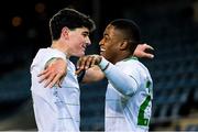 17 November 2023; Aidomo Emakhu of Republic of Ireland, right, celebrates with team-mate Anselmo Garcia MacNulty after scoring his side's first goal during the UEFA European Under-21 Championship Qualifier match between Norway and Republic of Ireland at Marienlyst Stadion in Drammen, Norway. Photo by Marius Simensen/Sportsfile