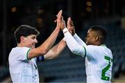 17 November 2023; Aidomo Emakhu of Republic of Ireland, right, celebrates with team-mate Anselmo Garcia MacNulty after scoring his side's first goal during the UEFA European Under-21 Championship Qualifier match between Norway and Republic of Ireland at Marienlyst Stadion in Drammen, Norway. Photo by Marius Simensen/Sportsfile