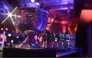 17 November 2023; (EDITORS NOTE: A special effects camera filter was used for this image.) The Sam Magure cup on stage before the start of the 2023 PwC GAA/GPA All-Star Awards at the RDS in Dublin. Photo by Brendan Moran/Sportsfile