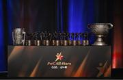 17 November 2023; PwC GAA/GPA Allstar trophies on stage with the Liam MacCarthy and Sam Maguire cups before the 2023 PwC GAA/GPA All-Star Awards at the RDS in Dublin. Photo by Brendan Moran/Sportsfile