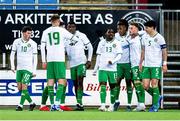 17 November 2023; Sinclair Armstrong of Republic of Ireland, 9, celebrates with team-mates after scoring his side's second goal during the UEFA European Under-21 Championship Qualifier match between Norway and Republic of Ireland at Marienlyst Stadion in Drammen, Norway. Photo by Marius Simensen/Sportsfile