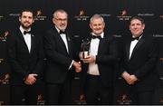 17 November 2023; Sean Reid, representing his son TJ Reid of Kilkenny, is presented with his PwC All-Star award by Uachtarán Chumann Lúthchleas Gael Larry McCarthy, in the company of Gaelic Players Association chief executive Tom Parsons and PwC managing partner Enda McDonagh during the 2023 PwC GAA/GPA All-Star Awards at the RDS in Dublin. Photo by David Fitzgerald/Sportsfile