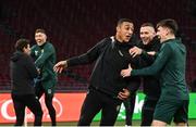 17 November 2023; Adam Idah, Alan Browne and Andrew Moran, right, during a Republic of Ireland training session at Johan Cruijff ArenA in Amsterdam, Netherlands. Photo by Stephen McCarthy/Sportsfile