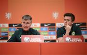 17 November 2023; Manager Stephen Kenny and Kieran Crowley, FAI communications manager, during a Republic of Ireland press conference at Johan Cruijff ArenA in Amsterdam, Netherlands. Photo by Stephen McCarthy/Sportsfile