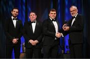 17 November 2023; Shane O'Donnell of Clare is presented with his PwC All-Star award by Uachtarán Chumann Lúthchleas Gael Larry McCarthy, in the company of Gaelic Players Association chief executive Tom Parsons, left, and PwC managing partner Enda McDonagh during the 2023 PwC GAA/GPA All-Star Awards at the RDS in Dublin. Photo by Brendan Moran/Sportsfile