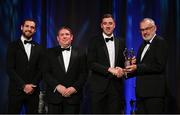 17 November 2023; Diarmaid Byrnes of Limerick is presented with his PwC All-Star award by Uachtarán Chumann Lúthchleas Gael Larry McCarthy, in the company of Gaelic Players Association chief executive Tom Parsons, left, and PwC managing partner Enda McDonagh during the 2023 PwC GAA/GPA All-Star Awards at the RDS in Dublin. Photo by Brendan Moran/Sportsfile