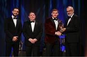 17 November 2023; Conor Whelan of Galway is presented with his PwC All-Star award by Uachtarán Chumann Lúthchleas Gael Larry McCarthy, in the company of Gaelic Players Association chief executive Tom Parsons, left, and PwC managing partner Enda McDonagh during the 2023 PwC GAA/GPA All-Star Awards at the RDS in Dublin. Photo by Brendan Moran/Sportsfile
