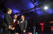 17 November 2023; Shane O'Donnell of Clare, left, and Conor Whelan of Galway are interviewd by MC Marty Morrissey during the 2023 PwC GAA/GPA All-Star Awards at the RDS in Dublin. Photo by Brendan Moran/Sportsfile