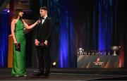 17 November 2023; PwC GAA/GPA Young Hurler of the Year Mark Rodgers of Clare is interviewed by MC Joanne Cantwell during the 2023 PwC GAA/GPA All-Star Awards at the RDS in Dublin. Photo by Brendan Moran/Sportsfile