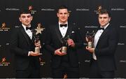 17 November 2023; Mark Rodgers of Clare, left, with his PwC GAA/GPA Young Hurler of the Year award, along with team-mates John Conlan and Shane O'Donnell, with their PwC GAA/GPA All-Star Awards during the 2023 PwC GAA/GPA All-Star Awards at the RDS in Dublin. Photo by David Fitzgerald/Sportsfile