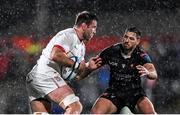 17 November 2023; Alan O'Connor of Ulster is tackled by Marius Louw of Emirates Lions during the United Rugby Championship match between Ulster and Emirates Lions at Kingspan Stadium in Belfast. Photo by Ramsey Cardy/Sportsfile