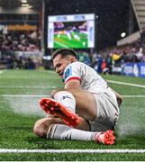 17 November 2023; Jacob Stockdale of Ulster scores his side's second try during the United Rugby Championship match between Ulster and Emirates Lions at Kingspan Stadium in Belfast. Photo by Ramsey Cardy/Sportsfile