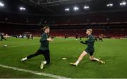 17 November 2023; Nathan Collins and Liam Scales, right, during a Republic of Ireland training session at Johan Cruijff ArenA in Amsterdam, Netherlands. Photo by Stephen McCarthy/Sportsfile
