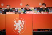 17 November 2023; Manager Stephen Kenny with Alan Browne, left, and Kieran Crowley, FAI communications manager, right, during a Republic of Ireland press conference at Johan Cruijff ArenA in Amsterdam, Netherlands. Photo by Stephen McCarthy/Sportsfile