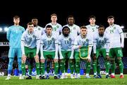 17 November 2023; The Republic of Ireland team, back row, from left, Joshua Keeley, Sinclair Armstrong, Connor O'Riordan, Mohammed Lawal, Anselmo Garcia MacNulty, Sean Roughan, Matthew Healy, Kian Leavy, Babajide Adeeko, Sam Curtis and Aidomo Emakhu before the UEFA European Under-21 Championship Qualifier match between Norway and Republic of Ireland at Marienlyst Stadion in Drammen, Norway. Photo by Marius Simensen/Sportsfile
