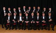 17 November 2023; The 2023 PwC GAA/GPA All-Star Awards football team, back row, left to right, Gareth McKinless of Derry, Conor McCarthy of Monaghan, Paudie Clifford of Kerry, Seán O’Shea of Kerry, Brian Fenton of Dublin, Brendan Rogers of Derry, James McCarthy of Dublin, Enda Smith of Roscommon, Conor McCluskey of Derry, Tom O’Sullivan of Kerry, front row, left to right, Stephen Cluxton of Dublin, Michael Fitzsimons of Dublin, David Clifford of Kerry, PwC managing partner Enda McDonagh, Uachtarán Chumann Lúthchleas Gael Larry McCarthy, Gaelic Players Association chief executive Tom Parsons, Colm Basquel of Dublin, and Shane McGuigan of Derry during the 2023 PwC GAA/GPA All-Star Awards at the RDS in Dublin. Photo by David Fitzgerald/Sportsfile