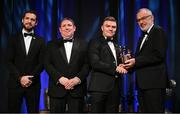 17 November 2023; Conor McCarthy of Monaghan is presented with his PwC All-Star award by Uachtarán Chumann Lúthchleas Gael Larry McCarthy, in the company of Gaelic Players Association chief executive Tom Parsons, left, and PwC managing partner Enda McDonagh during the 2023 PwC GAA/GPA All-Star Awards at the RDS in Dublin. Photo by Brendan Moran/Sportsfile