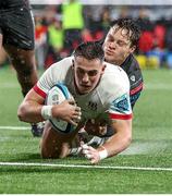 17 November 2023; James Hume of Ulster scores his side's first try during the United Rugby Championship match between Ulster and Emirates Lions at Kingspan Stadium in Belfast. Photo by John Dickson/Sportsfile