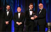 17 November 2023; Shane McGuigan of Derry is presented with his PwC All-Star award by Uachtarán Chumann Lúthchleas Gael Larry McCarthy, in the company of Gaelic Players Association chief executive Tom Parsons, left, and PwC managing partner Enda McDonagh during the 2023 PwC GAA/GPA All-Star Awards at the RDS in Dublin. Photo by Brendan Moran/Sportsfile