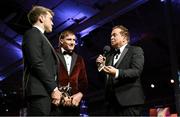 17 November 2023; Shane O'Donnell of Clare, left, and Conor Whelan of Galway are interviewd by MC Marty Morrissey during the 2023 PwC GAA/GPA All-Star Awards at the RDS in Dublin. Photo by Brendan Moran/Sportsfile