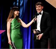 17 November 2023; David Clifford of Kerry is interviewed by MC Joanne Cantwell during the 2023 PwC GAA/GPA All-Star Awards at the RDS in Dublin. Photo by Brendan Moran/Sportsfile