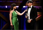 17 November 2023; PwC GAA/GPA Footballer of the Year David Clifford of Kerry is interviewed by MC Joanne Cantwell during the 2023 PwC GAA/GPA All-Star Awards at the RDS in Dublin. Photo by Brendan Moran/Sportsfile