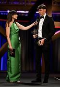 17 November 2023; PwC GAA/GPA Footballer of the Year David Clifford of Kerry is intervewed by MC Joanne Cantwell during the 2023 PwC GAA/GPA All-Star Awards at the RDS in Dublin. Photo by Brendan Moran/Sportsfile