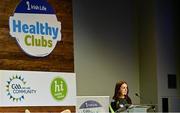18 November 2023; GAA Healthy Club coordinator, Brid O'Dwyer speaking at the Irish Life GAA Healthy Club Conference 2023 at Croke Park in Dublin. Photo by Tyler Miller/Sportsfile
