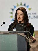 18 November 2023; GAA Healthy Club coordinator, Brid O'Dwyer speaking at the Irish Life GAA Healthy Club Conference 2023 at Croke Park in Dublin. Photo by Tyler Miller/Sportsfile