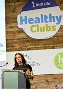 18 November 2023; GAA Healthy Club coordinator, Brid O'Dwyer speaking at the Irish Life GAA Healthy Club Conference 2023 at Croke Park in Dublin. Photo by Tyler Miller/Sportsfile