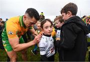 18 November 2023; Daithi Burke of Corofin signs the jersey of Aoibhinn Murphy after the AIB Connacht GAA Football Senior Club Championship Semi-Final match between Corofin, Galway, and Ballina Stephenites, Mayo, at Pearse Stadium, Galway. Photo by Ray Ryan/Sportsfile