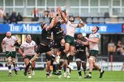 18 November 2023; Corne Rahl and Cameron Wright of Hollywoodbets Sharks challenge Byron Ralston of Connacht for a high ball during the United Rugby Championship match between Hollywoodbets Sharks and Connacht at Holywoodbets Kings Park in Durban, South Africa. Photo by Shaun Roy/Sportsfile