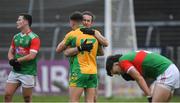 18 November 2023; Gary Sice and Ross Mahon of Corofin celebrate after the AIB Connacht GAA embrace Football Senior Club Championship Semi-Final match between Corofin, Galway, and Ballina Stephenites, Mayo, at Pearse Stadium, Galway. Photo by Ray Ryan/Sportsfile