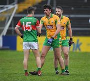 18 November 2023; Glen McHugh of Corofin shakes hands with Conor McStay of Ballina Stephenites after the AIB Connacht GAA Football Senior Club Championship Semi-Final match between Corofin, Galway, and Ballina Stephenites, Mayo, at Pearse Stadium, Galway. Photo by Ray Ryan/Sportsfile