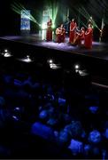 18 November 2023; Mainistir Chnoc Muaidhe of Galway, Norrie Quinn, Caroline Ward, Madeline Dolan, Olivia McNama and Orla Hession competing in the Bailéad-Ghrúpa category during the Scór Sinsir 2023 All-Ireland Finals at the INEC Arena in Killarney, Kerry. Photo by Eóin Noonan/Sportsfile