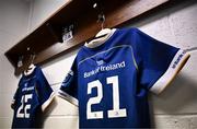 18 November 2023; The jersey of Leinster debutant Fintan Gunne is seen in the dressing room before the United Rugby Championship match between Leinster and Scarlets at the RDS Arena in Dublin. Photo by Harry Murphy/Sportsfile