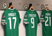 18 November 2023; The jersey's of Republic of Ireland players, from left, Jason Knight, Evan Ferguson and Andrew Moran hang in their dressing room before during the UEFA EURO 2024 Championship qualifying group B match between Netherlands and Republic of Ireland at Johan Cruijff ArenA in Amsterdam, Netherlands. Photo by Stephen McCarthy/Sportsfile