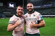 18 November 2023; David Hawkshaw of Connacht and Shamus Hurley-Langton of Connacht celebrate after beating Hollywoodbets Sharks 12-13 in the United Rugby Championship match between Hollywoodbets Sharks and Connacht at Holywoodbets Kings Park in Durban, South Africa. Photo by Shaun Roy/Sportsfile