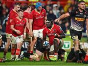18 November 2023; Edwin Edogbo of Munster celebrates after scoring his side's first try during the United Rugby Championship match between Munster and DHL Stormers at Thomond Park in Limerick. Photo by David Fitzgerald/Sportsfile
