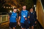 18 November 2023; Leinster players, from left, Hugo Keenan, Caelan Doris and Jimmy O'Brien arrive before the United Rugby Championship match between Leinster and Scarlets at the RDS Arena in Dublin. Photo by Harry Murphy/Sportsfile
