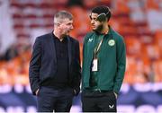 18 November 2023; Republic of Ireland manager Stephen Kenny, left, and Andrew Omobamidele of Republic of Ireland before the UEFA EURO 2024 Championship qualifying group B match between Netherlands and Republic of Ireland at Johan Cruijff ArenA in Amsterdam, Netherlands. Photo by Stephen McCarthy/Sportsfile