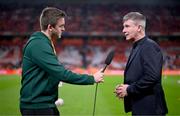 18 November 2023; Republic of Ireland manager Stephen Kenny, right, is interviewed by FAI communications manager Kieran Crowley before the UEFA EURO 2024 Championship qualifying group B match between Netherlands and Republic of Ireland at Johan Cruijff ArenA in Amsterdam, Netherlands. Photo by Stephen McCarthy/Sportsfile