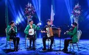 18 November 2023; Clann Na mGeal of Cork, Andrew Collins, Molly McQueen, Davina Connolly and Saoirse Connolly competing in the Ceol Uirlise category during the Scór Sinsir 2023 All-Ireland Finals at the INEC Arena in Killarney, Kerry. Photo by Eóin Noonan/Sportsfile