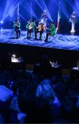 18 November 2023; Clann Na mGeal of Cork, Andrew Collins, Molly McQueen, Davina Connolly and Saoirse Connolly competing in the Ceol Uirlise category during the Scór Sinsir 2023 All-Ireland Finals at the INEC Arena in Killarney, Kerry. Photo by Eóin Noonan/Sportsfile