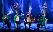 18 November 2023; Clann Na mGeal of Cork, Andrew Collins, Molly McQueen, Davina Connolly and Saoirse Connolly competing in the Ceol Uirlise category during the Scór Sinsir 2023 All-Ireland Finals at the INEC Arena in Killarney, Kerry. Photo by Eóin Noonan/Sportsfile