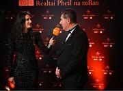 18 November 2023; Uachtarán Cumann Peil Gael na mBan Mícheál Naughton is interviewed by Emer Gallagher, Donegal footballer and TG4 presenter, during the Facebook Live show before the TG4 All-Ireland Ladies Football All Stars Awards banquet, in association with Lidl, at the Bonnington Dublin Hotel.