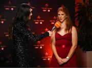 18 November 2023; Kerry player Louise Ní Mhuircheartaigh is interviewed by Emer Gallagher, Donegal footballer and TG4 presenter, during the Facebook Live show before the TG4 All-Ireland Ladies Football All Stars Awards banquet, in association with Lidl, at the Bonnington Dublin Hotel. Photo by Brendan Moran/Sportsfile